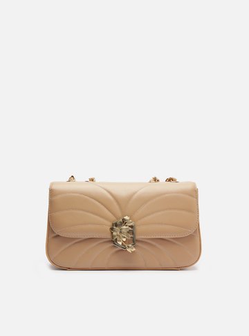 Bolsa Tiracolo Bege Couro Média Metal Flor