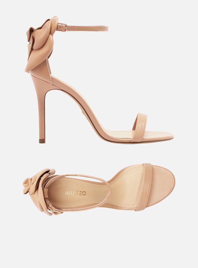Sandália Nude Couro Salto Fino Maxi Flor