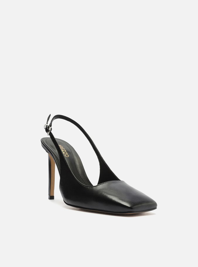 Scarpin Preto Couro Bico Quadrado Slingback