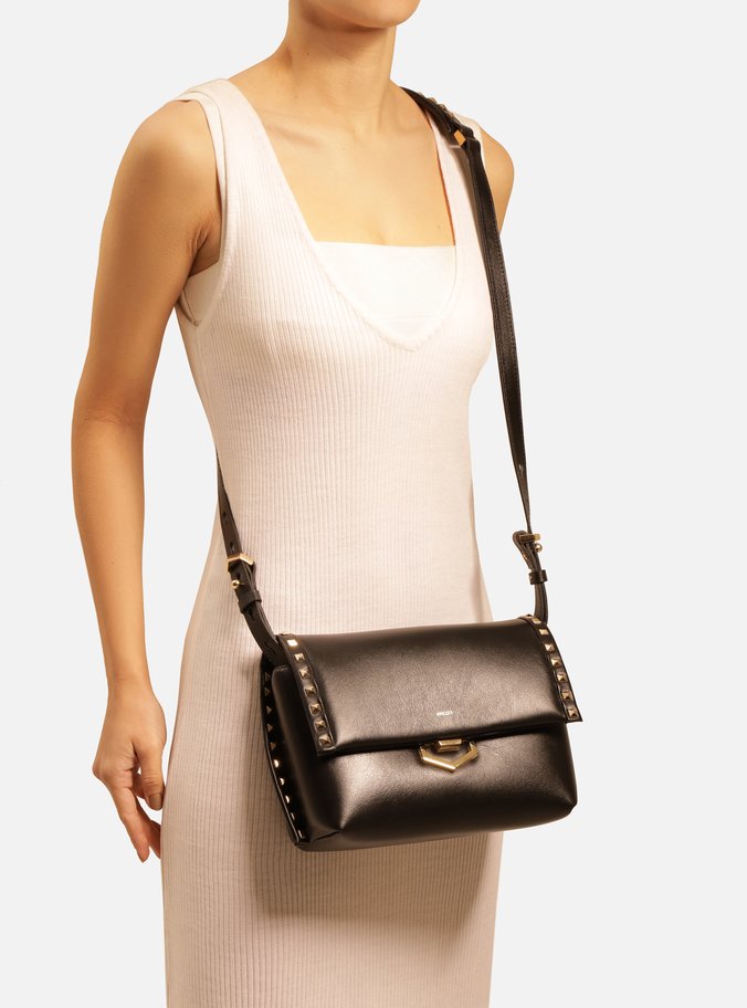 Bolsa Tiracolo Preta Couro Ravena Média