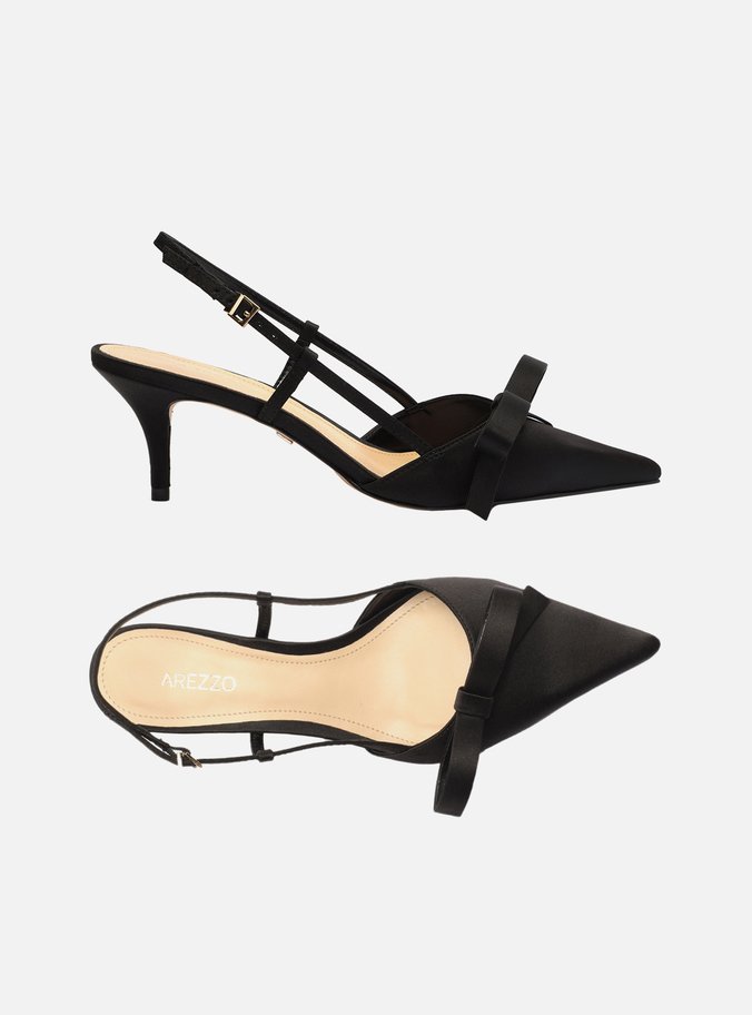 Scarpin Preto Cetim Bico Fino Slingback Laço
