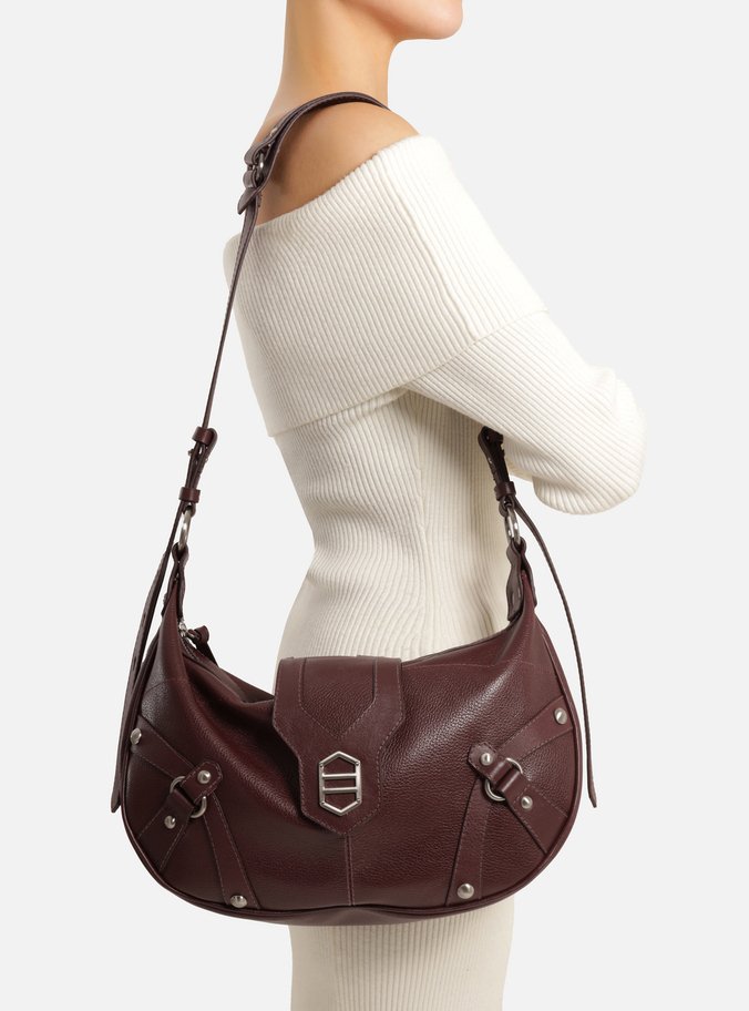 Bolsa Shoulder Bordô Couro Grande Tiras Metais