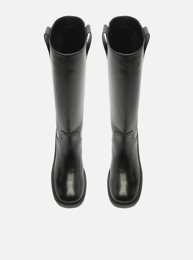 Bota Preta Couro Cano Longo Salto Bloco Tiras