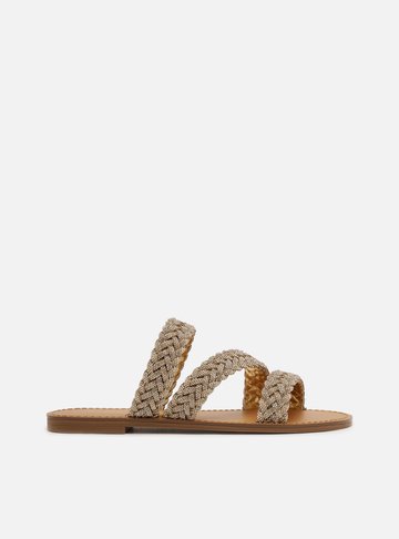 Rasteira Dourada Bico Redondo Tiras Trança