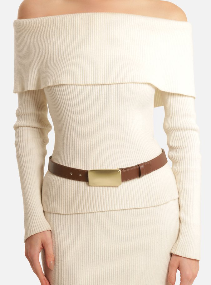 Cinto Marrom Couro Médio Fivela Retangular Metal