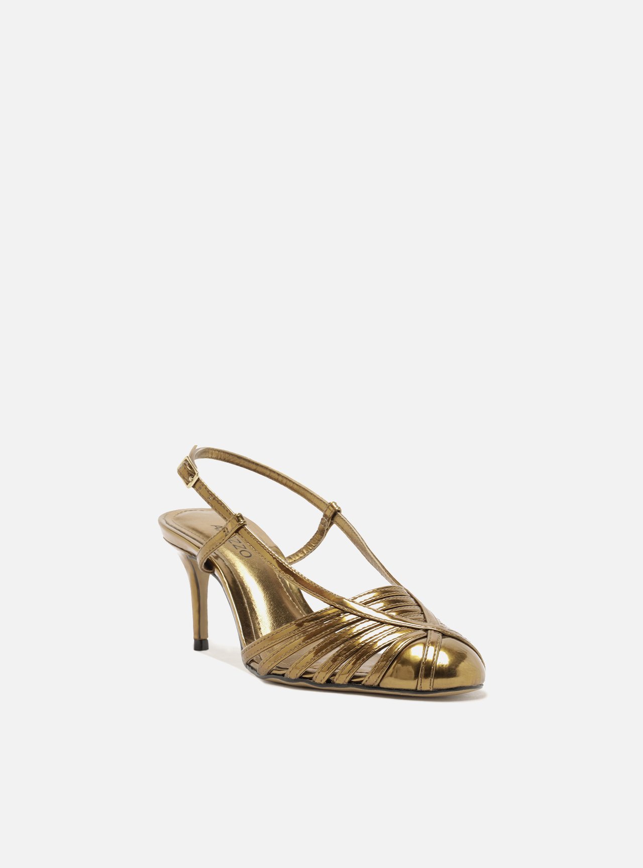 Scarpin Dourado Salto Fino Slingback Tiras — foto 2