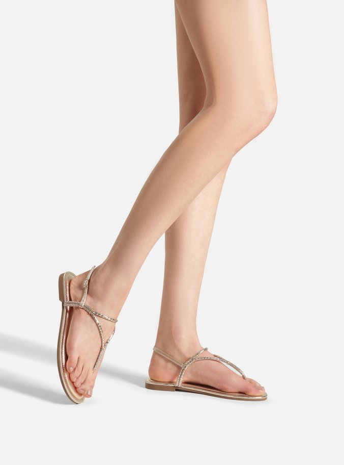 Sandália Rasteira Dourada Skin Elos Metálicos