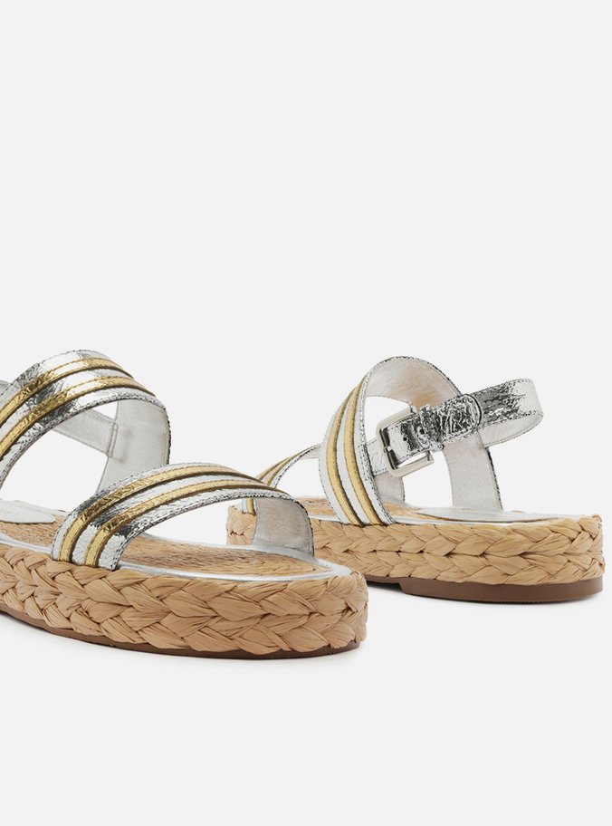Sandália Papete Metalizada Couro Flatform Fivela
