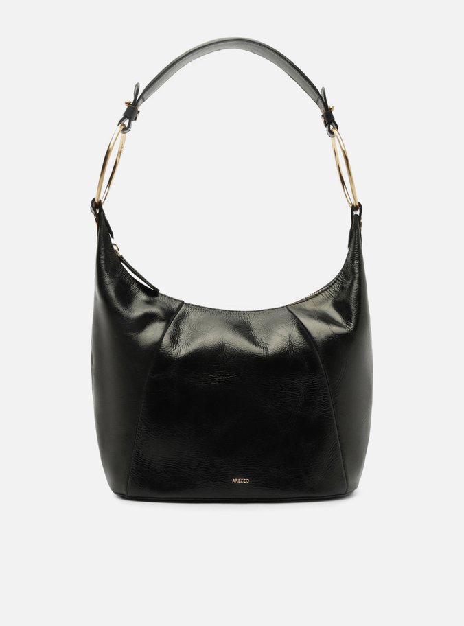 Bolsa Shoulder Preta Couro Média Argolas Alça