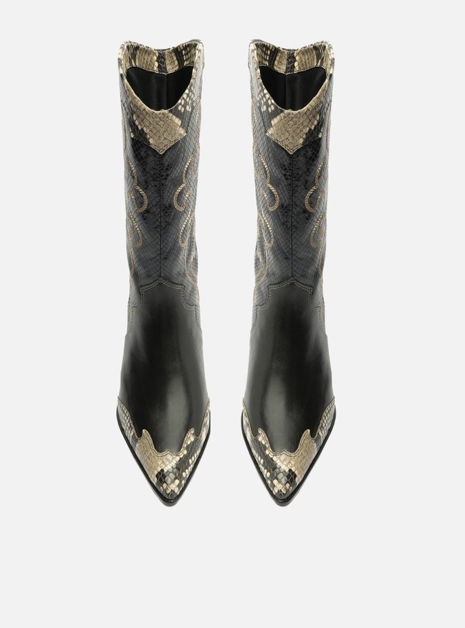 Bota Preta Couro Cano Médio Bordado Western