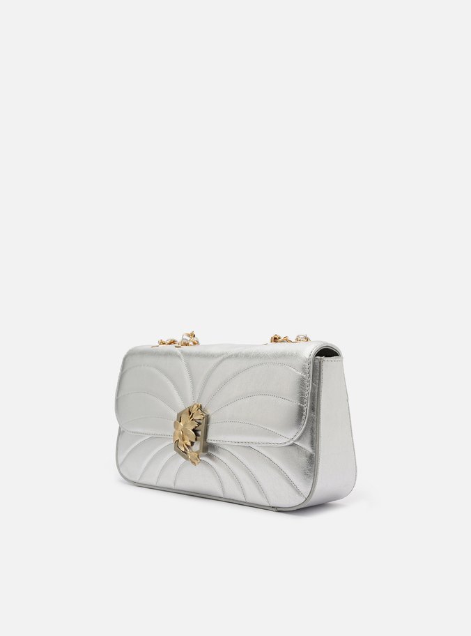 Bolsa Tiracolo Prata Couro Média Metal Flor