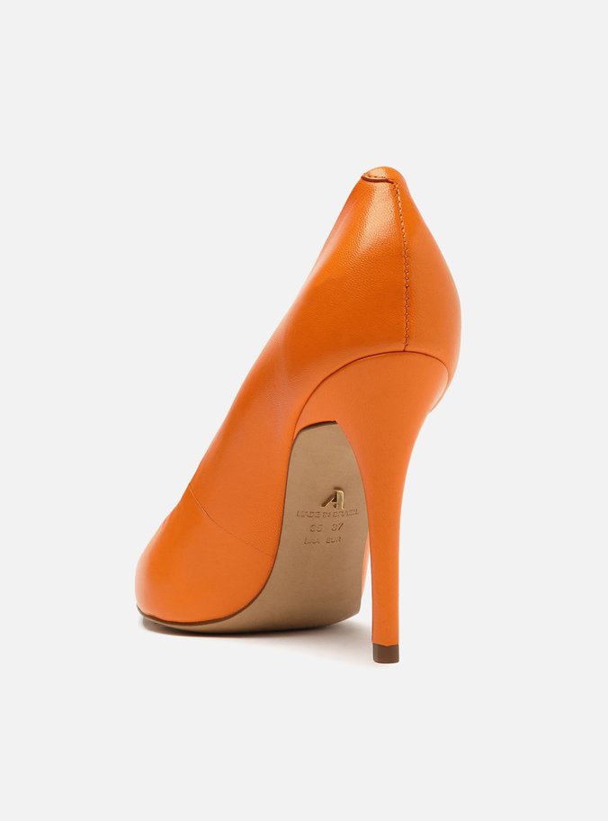 Scarpin Laranja Couro Salto Alto Fino Color