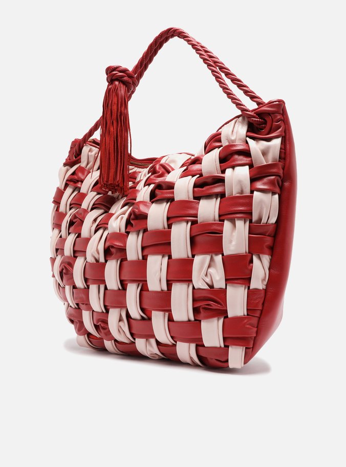 Bolsa Hobo Vermelha Couro Grande Tressê Bicolor