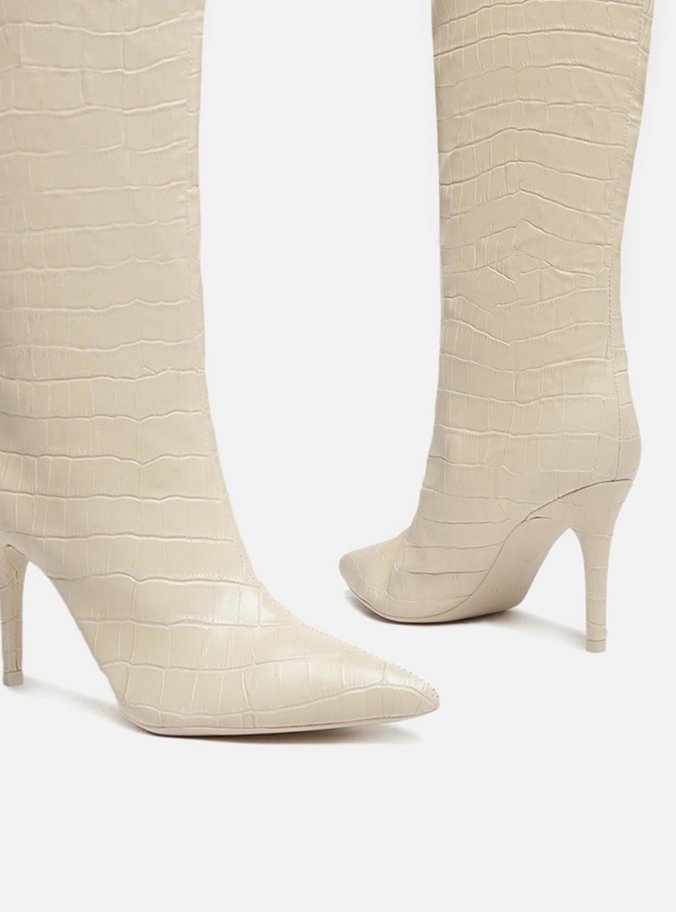 Bota Off-White Croco Cano Longo Salto Fino