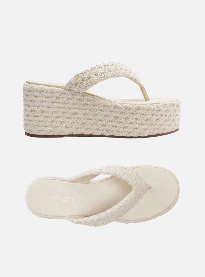 Tamanco Branca Tecido Crochê Flatform Flip Flop