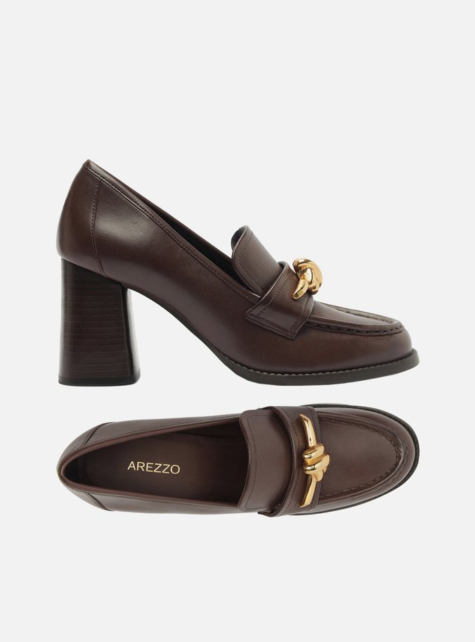 Loafer Marrom Couro Salto Bloco Metal Nó