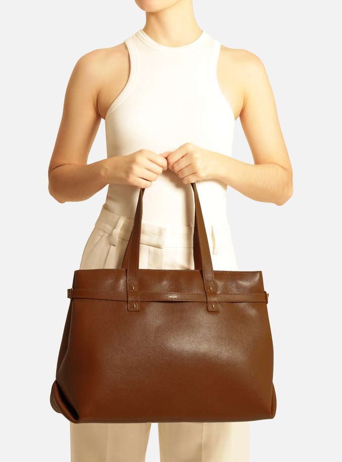 Bolsa Shopping Marrom Couro Grande Fivelas