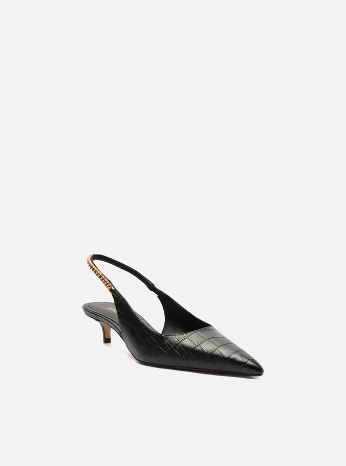 Scarpin Preto Croco Salto Baixo Slingback
