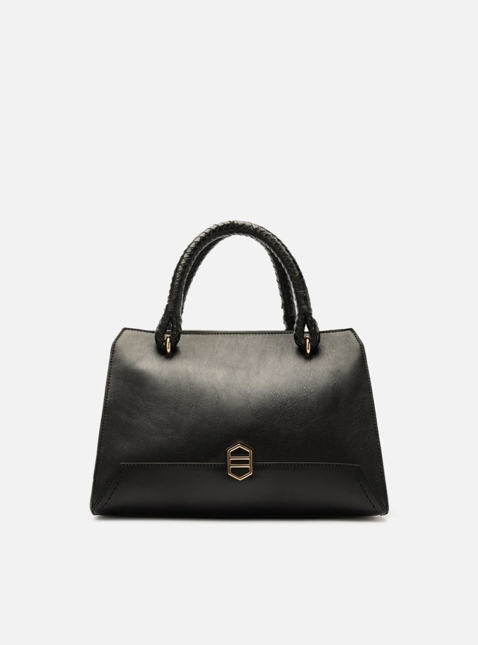Bolsa Tote Preta Couro Média Metal Geométrico