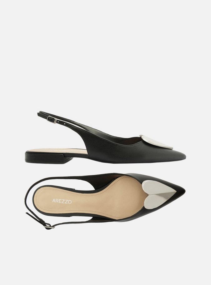 Sapatilha Preta Couro Slingback Coração Metal