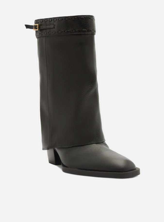 Bota Preta Couro Cano Curto Polaina Folk