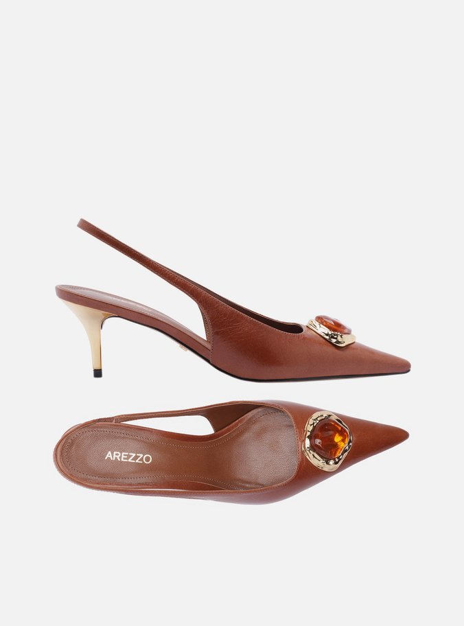 Scarpin Marrom Couro Salto Baixo Slingback Pedraria