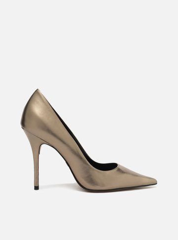 Scarpin Dourado Couro Salto Alto Bico Fino Gigi