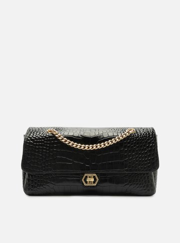 Arezzo — Bolsa Tiracolo Preta Couro Grande Croco Corrente