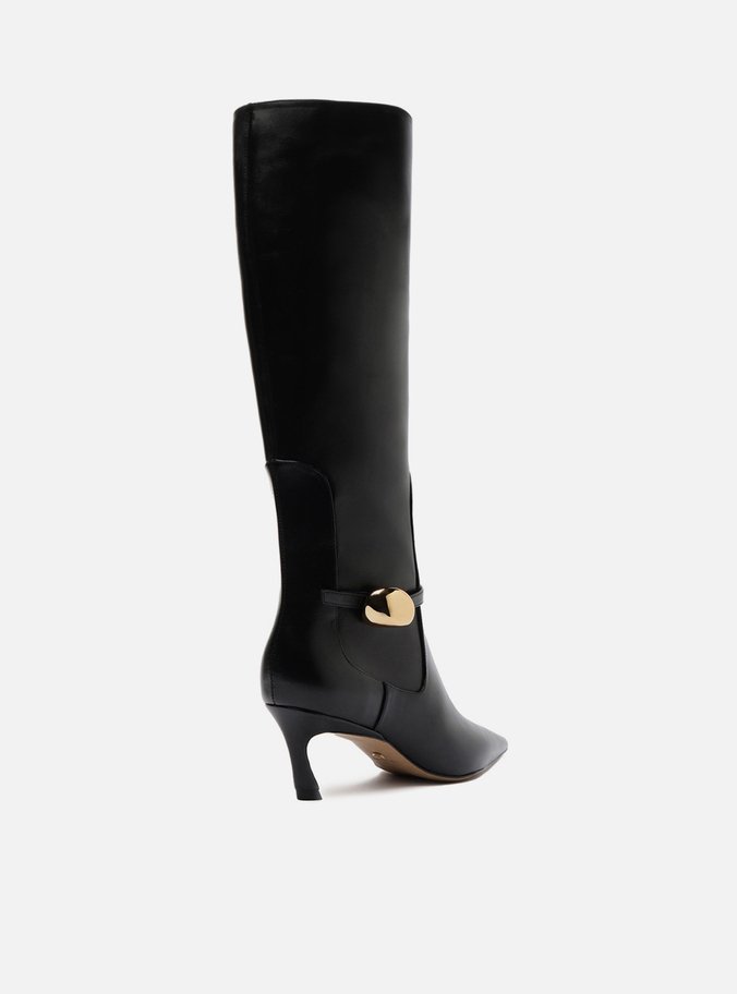 Bota Preta Couro Salto Baixo Cano Longo Metal