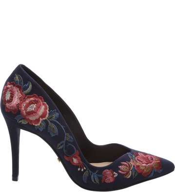 Scarpin Nobuck Bico Fino Alto Bordados Floral Marinho