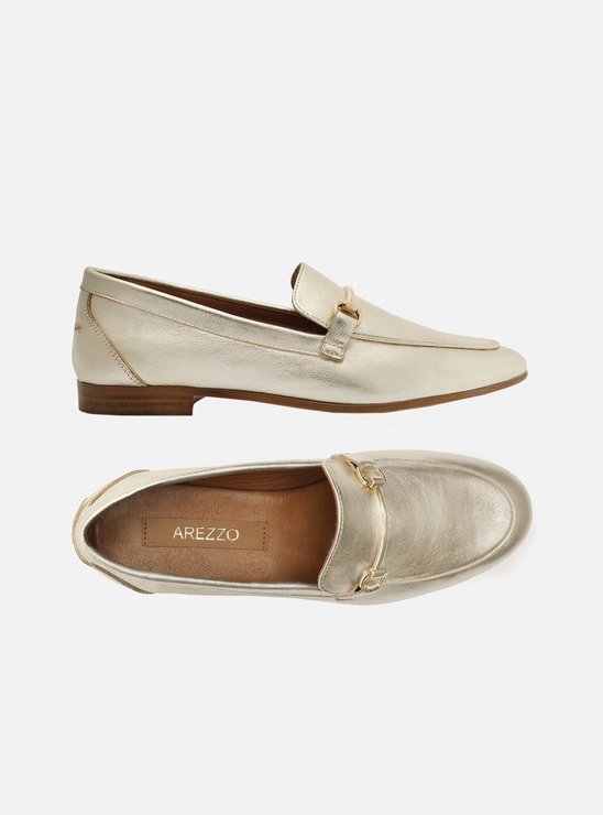 Mocassim Dourado Couro Bico Fino Bridão