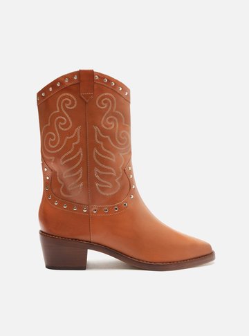 Bota Marrom Couro Cano Médio Bordado Western