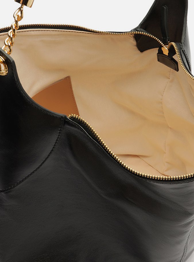 Bolsa Hobo Preta Couro Grande Alça Metais