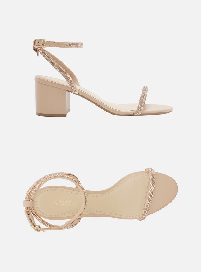 Sandália Nude Strass Salto Bloco Minimal