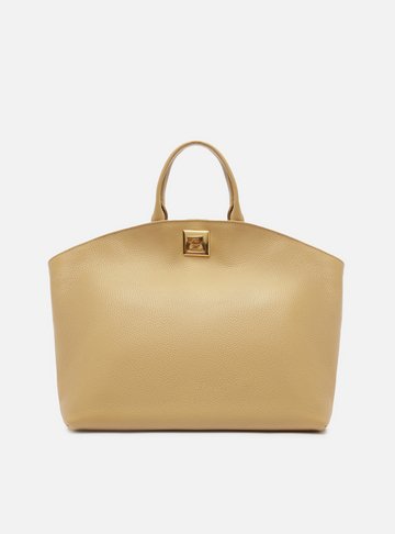 Bolsa Tote Bege Couro Grande Metal