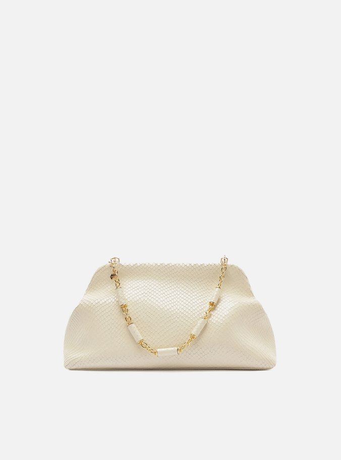 Bolsa Clutch Branca Couro Média Snake Corrente