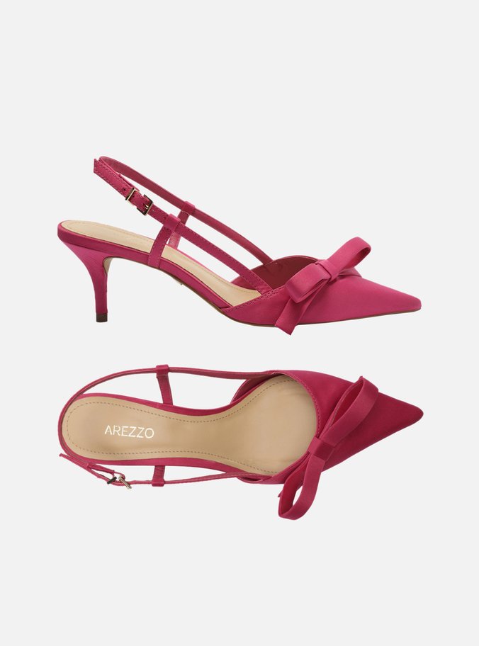 Scarpin Rosa Cetim Bico Fino Slingback Laço