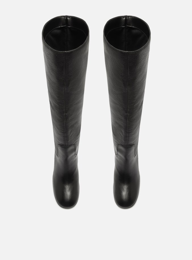 Bota Preta Couro Cano Longo Salto Médio