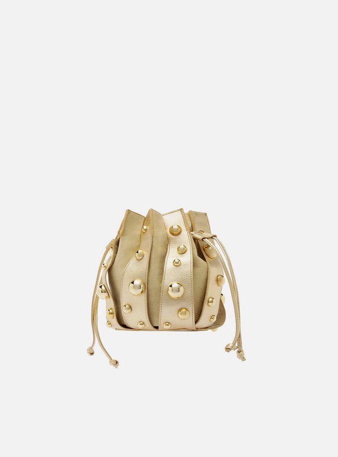 Bolsa Bucket Dourada Couro Pequena Esferas