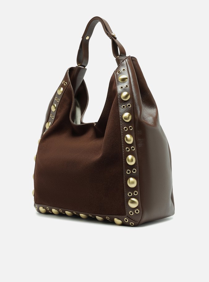 Bolsa Hobo Marrom Couro Camurça Grande Metais