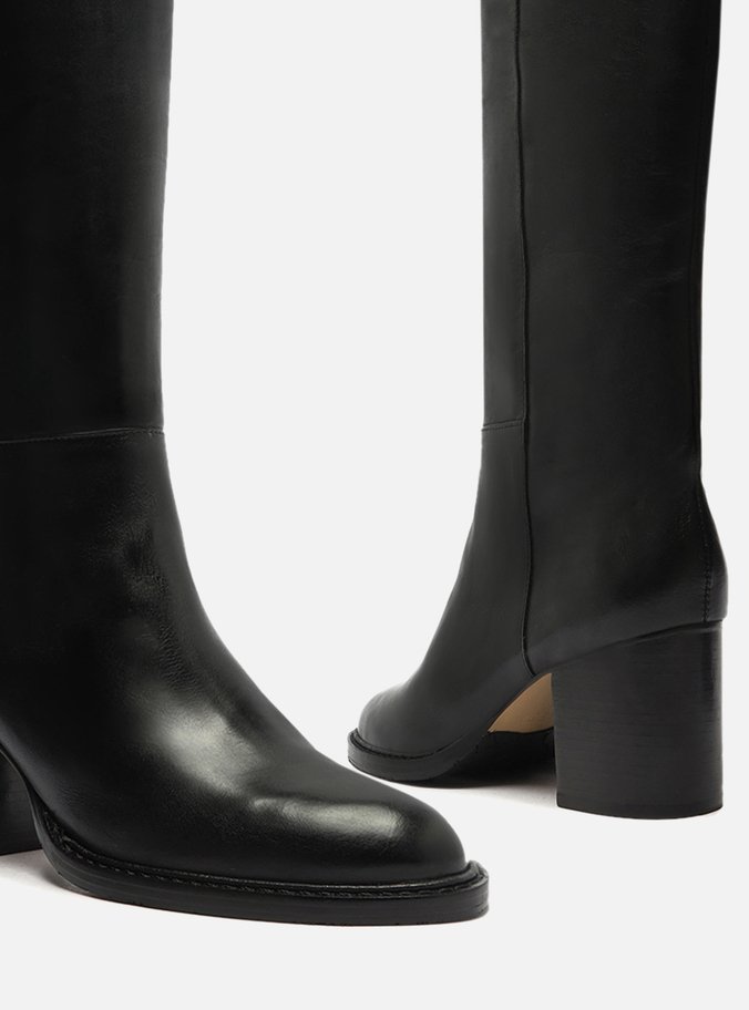 Bota Preta Couro Cano Longo Salto Bloco Montaria