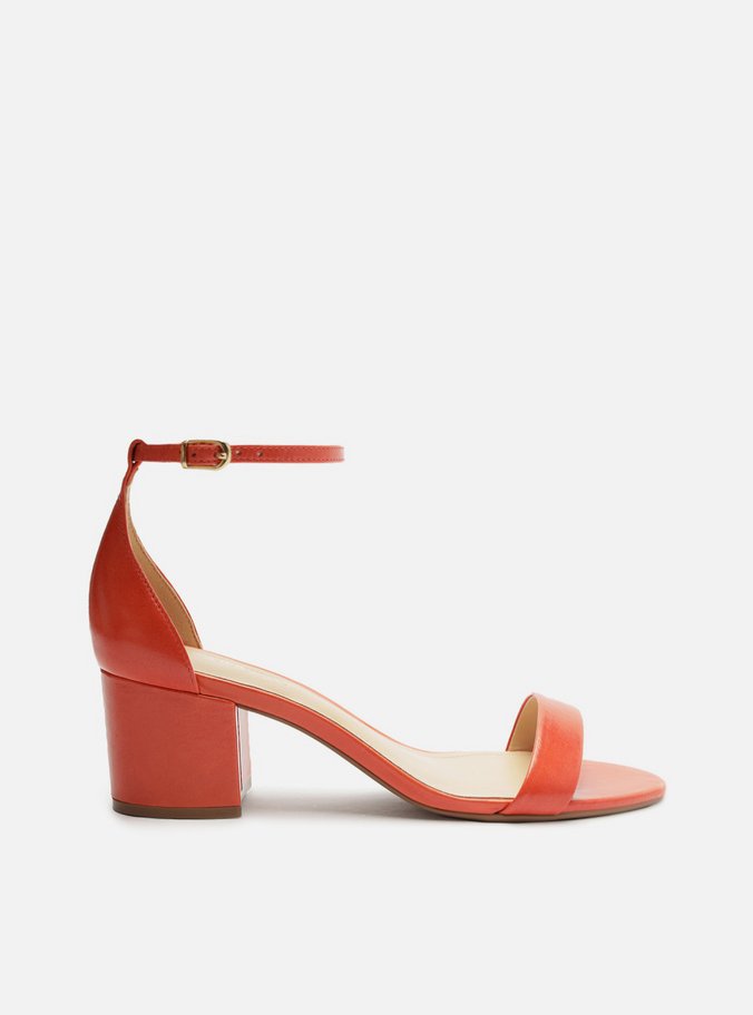 Sandália Laranja Couro Salto Médio Bloco Isabelli