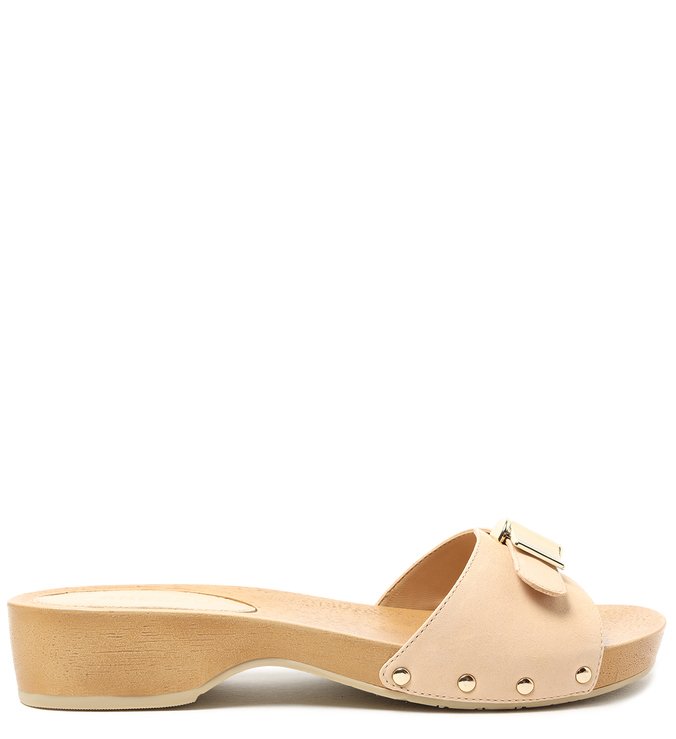Sandália Nude Couro Clog Salto Flatform