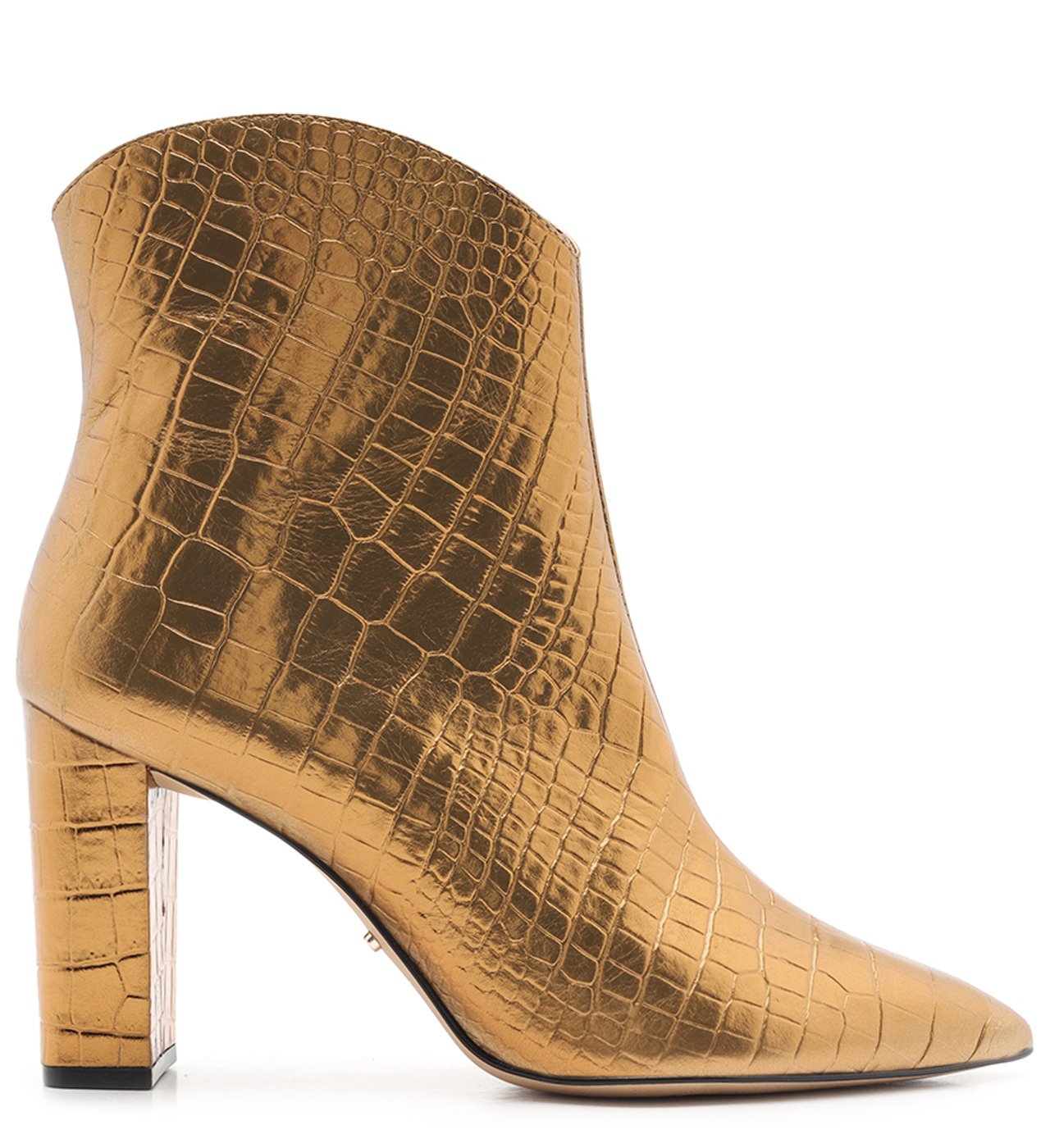 Bota Couro Croco Dourada Cano Curto Salto Bloco Alto
