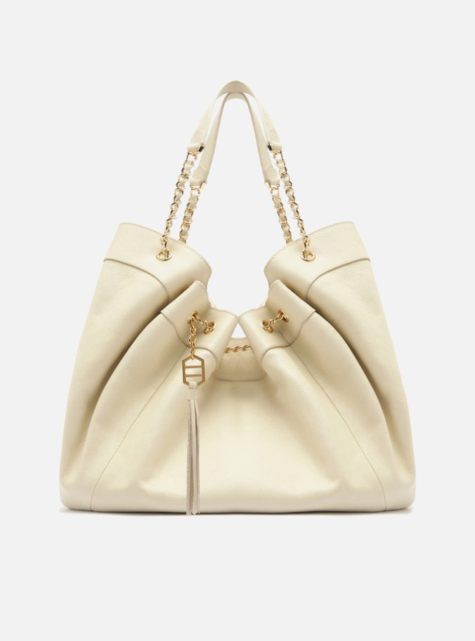 Bolsa Shopping Branca Couro Grande Franzido