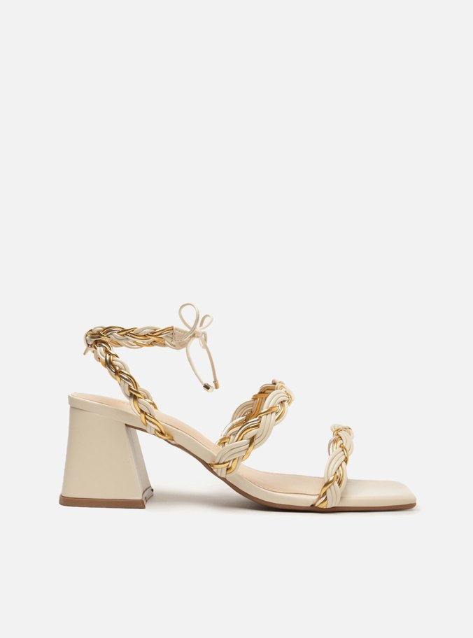 Sandália Salto Bloco Médio Off-White Amarração