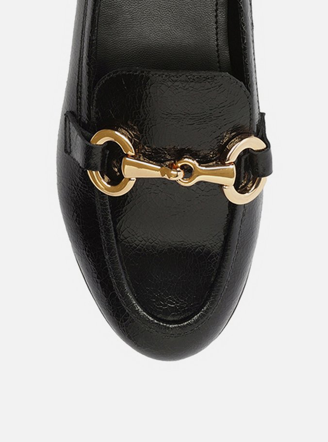 Mocassim Preto Couro Shine Bridão Dourado