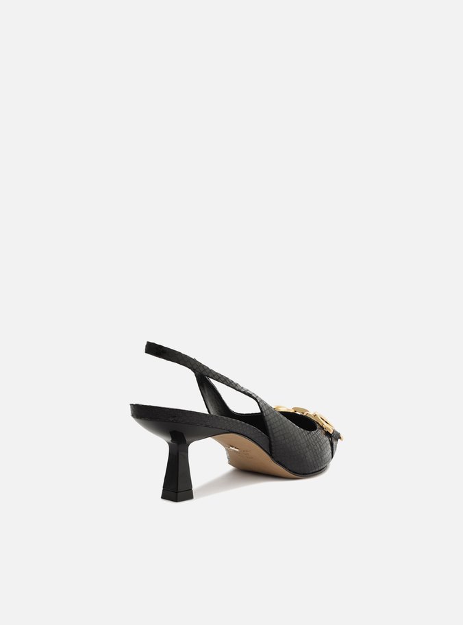 Scarpin Preto Snake Bico Fino Slingback Bridão