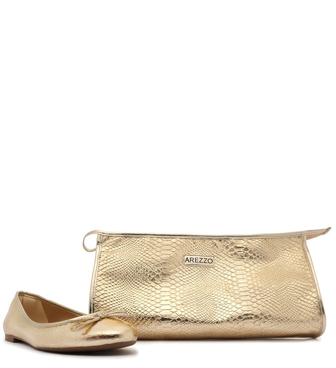 Kit Sapatilha Dourada Snake Laço e Necessaire