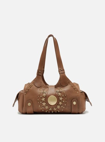 Bolsa Bowling Marrom Couro Grande Metais Folk